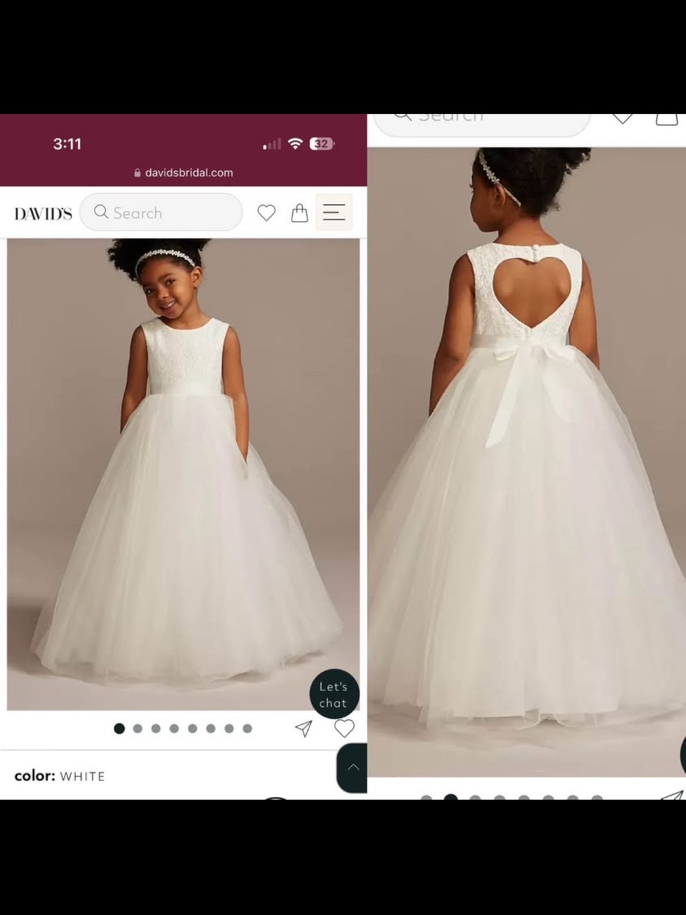 David's Bridal White Lace Bodice Tulle flower Girl Dress , communion